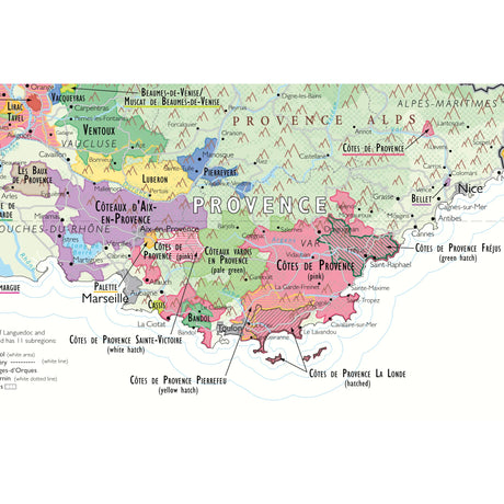 De Long’s Wine Map of France highlights the Provence wine region, labeled appellations, boundaries, major cities like Marseille, and color-coded French wine regions. By De Long.