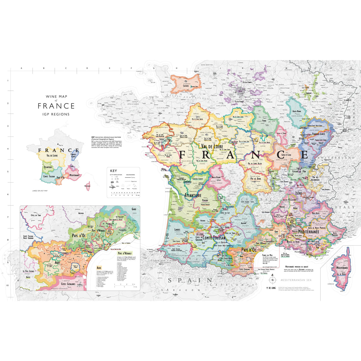 De Long’s Wine Map of France IGPs by De Long features color-coded French wine regions and IGP areas, region names, a key, and insets of Corsica and Paris—perfect for wine enthusiasts.