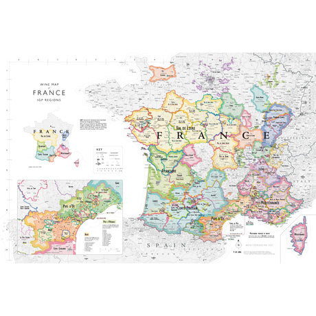 De Long’s Wine Map of France IGPs by De Long features color-coded French wine regions and IGP areas, region names, a key, and insets of Corsica and Paris—perfect for wine enthusiasts.