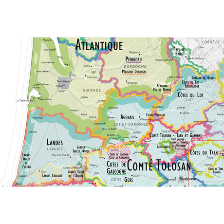 De Long’s Wine Map of France IGPs highlights southwestern regions like Atlantique, Périgord, Agenais, Landes, and Comté Tolosan with labeled borders and major towns—ideal for wine enthusiasts. From the De Long brand.
