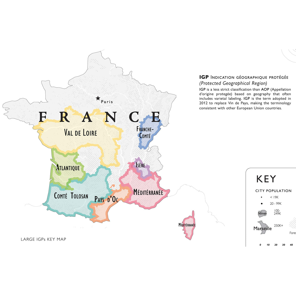 De Long’s Wine Map of France IGPs highlights six French wine regions by color and includes a key and major cities—ideal for wine lovers. From De Long, it’s the perfect guide to Val de Loire, Atlantique, Comté Tolosan, Pays d’Oc, Méditerranée & Comtés Rhodaniens.