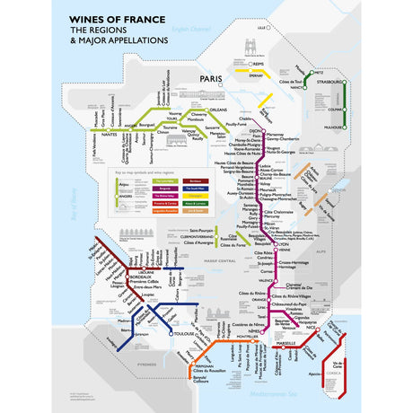 De Long’s Metro Wine Map of France by De Long features France’s major wine regions styled as a colorful subway map with station names. A unique wine gift and stylish guide for easy exploration of French wine regions.