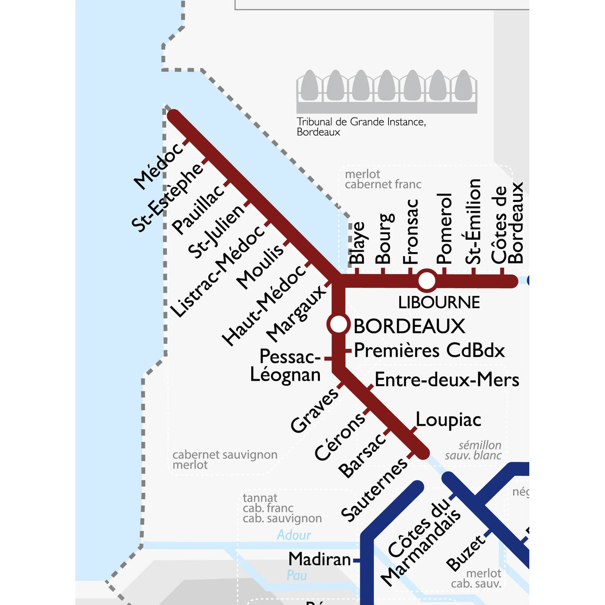 De Long’s Metro Wine Map of France by De Long features stylized train lines connecting famous French wine regions like Médoc, Margaux, Pauillac, and St-Estèphe with grape varieties—an ideal unique wine gift.