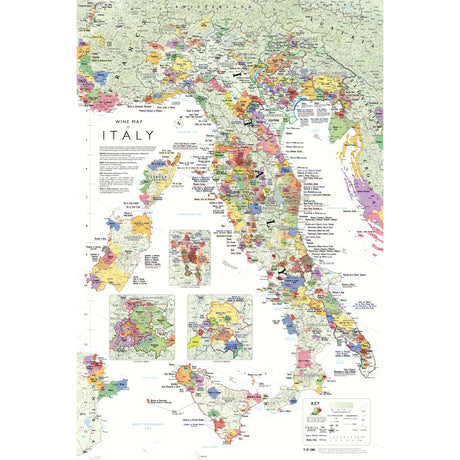 De Long’s Wine Map of Italy highlights colorful wine regions and distinct appellations, with insets for Sicily, Sardinia, northern areas, plus a side legend and key for easy reference. From De Long.