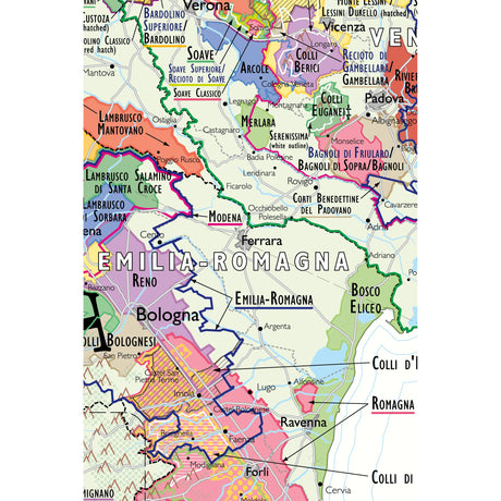 De Long’s Wine Map of Italy - Wine Regions by De Long features a colorful map of Emilia-Romagna, Northern Italy, labeling wine regions, DOC/DOCG appellations, and major cities like Bologna, Modena, and Ferrara.