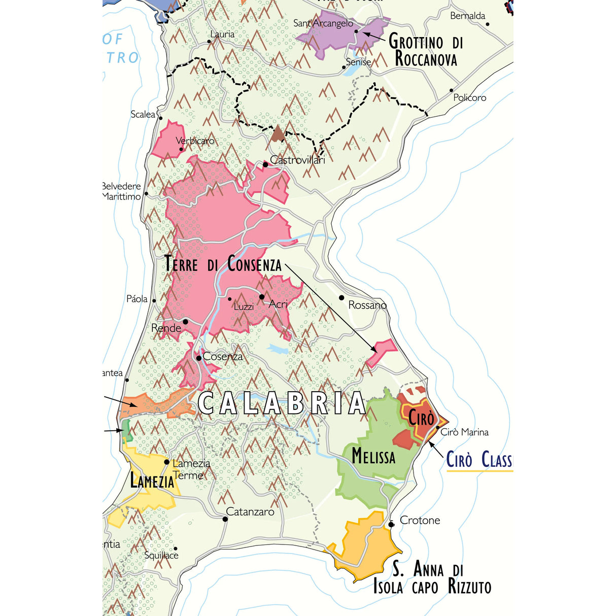 De Long’s Wine Map of Italy highlights Calabria wine regions—Terre di Cosenza, Melissa, Cirò, and S. Anna di Isola Capo Rizzuto—featuring artistic coastlines, landmarks, and mountains. Brand: De Long.