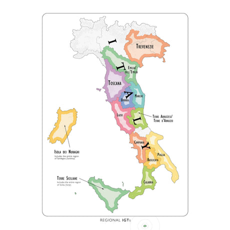 De Long’s Wine Map of Italy IGTs by De Long highlights color-coded Italian wine regions like Trevenezie, Toscana, and Emilia del Po, showcasing official regional IGT wine areas.