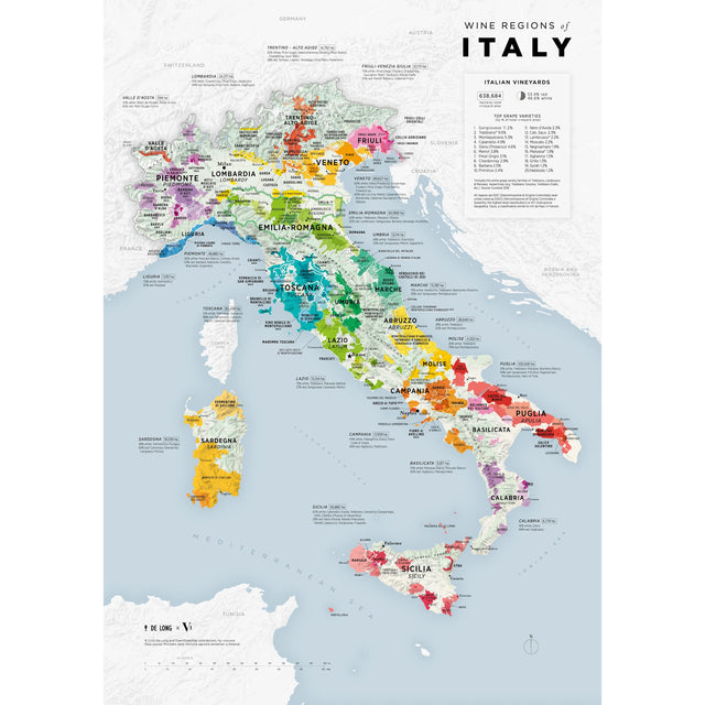 De Long’s VINO.ONE Series Wine Map of Italy: detailed, color-coded map of Italian wine regions like Piemonte, Tuscany, Veneto, and Sicily. Each region is labeled and neighboring countries and seas are shown. Brand: De Long.