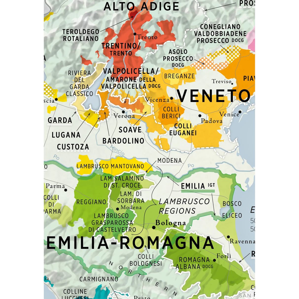 De Long’s VINO.ONE Series Wine Map of Italy highlights northern wine regions like Veneto, Trentino, and Emilia-Romagna, with key areas such as Valpolicella, Soave, Lambrusco, plus cities like Verona and Modena clearly marked.