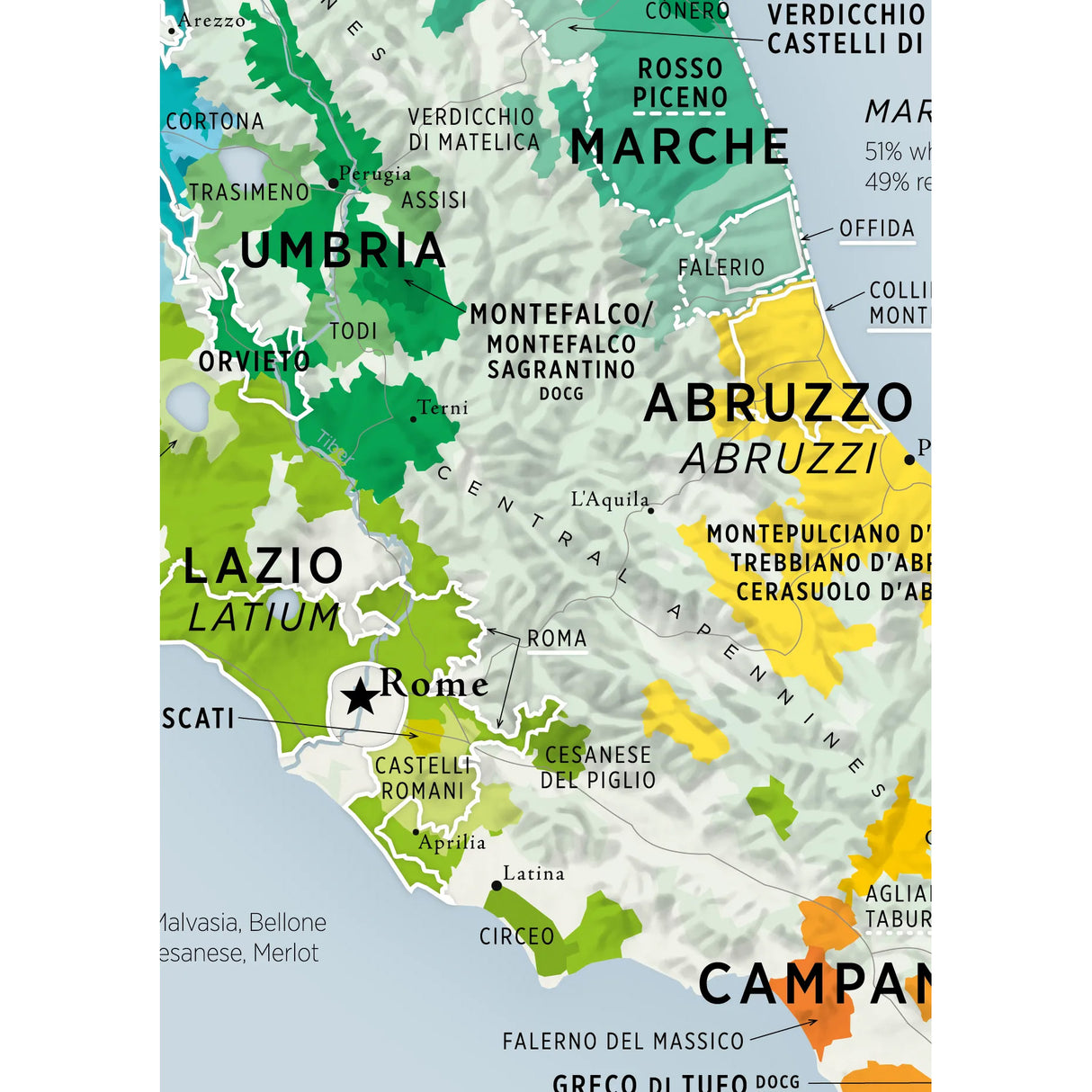 De Long’s VINO.ONE Series Wine Map of Italy highlights central regions—Lazio, Umbria, Marche, Abruzzo—with cities like Rome and key wine regions such as Montefalco, Verdicchio, and Cesanese del Piglio clearly marked.