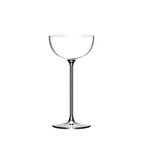 A set of six Lehmann Glass La Creative London Cocktail Coupes, each crafted from lead-free crystal with a wide shallow bowl and tall, slender stem, is displayed empty against a plain white background.