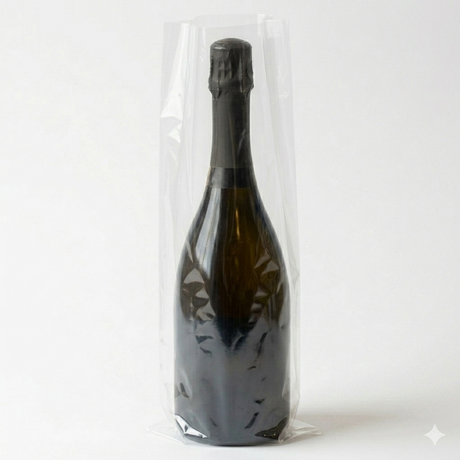 A Wineware Champagne & Magnum Wine Bottle Cellar Sleeve/Bags protects an upright dark glass bottle and keeps it dust-free against a plain white background.