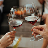 A close of two Riedel wine glasses side by side with a blurred background.