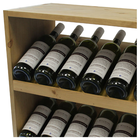 Wooden wine rack with multiple bottles of wine labeled 'Wineware' on a white background.