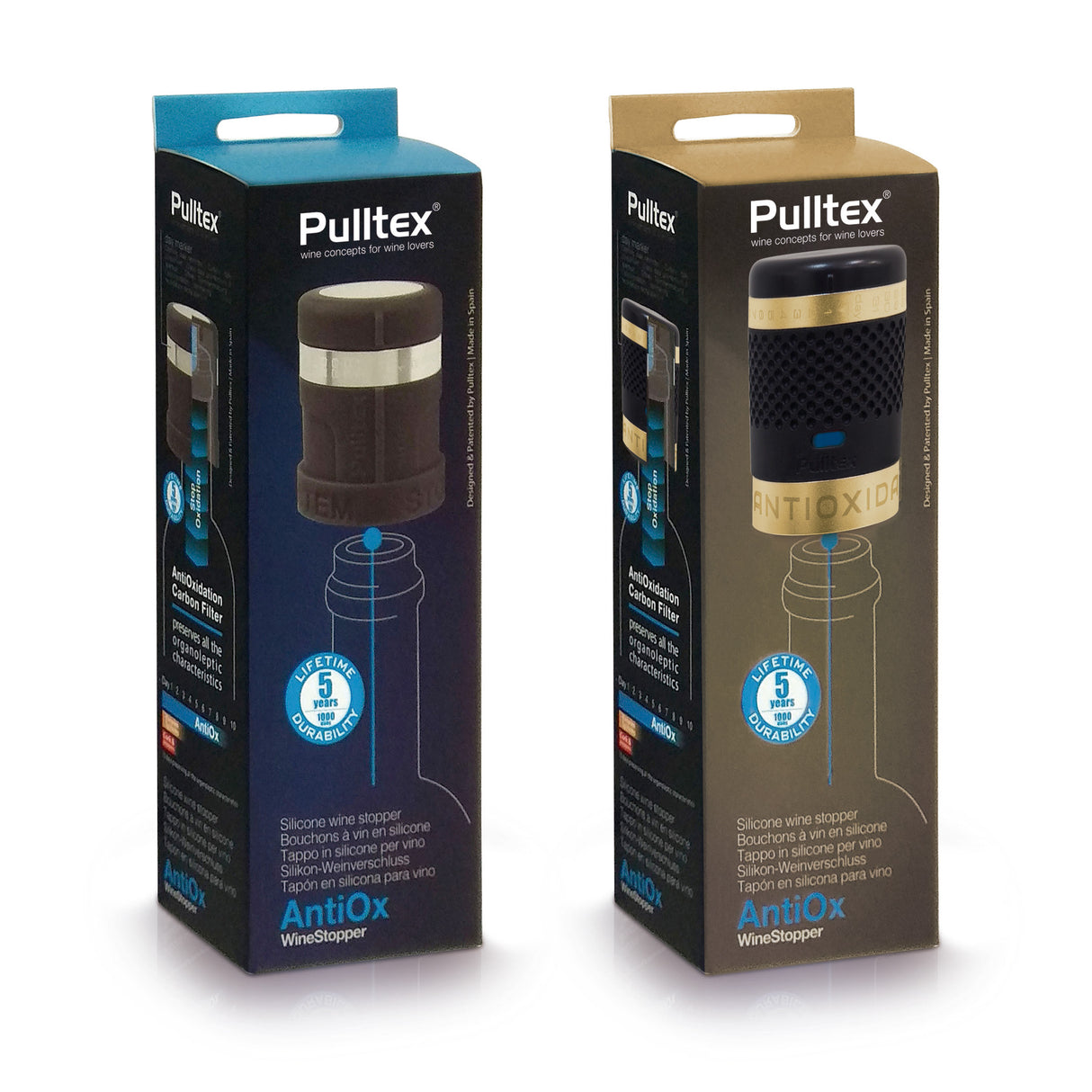 Two boxes of the Pulltex AntiOx Two Piece Wine & Sparkling Wine Preserver & Stopper Set—one with blue accents and the other with gold—both showcase the signature Pulltex design and feature product details in several languages. Perfect for wine lovers, these stoppers by Pulltex serve as reliable AntiOx preservers, helping to keep your favorite bottles of still or sparkling wine fresher for longer.