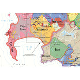 De Long’s Wine Map of South Africa highlights Cape Town wine regions like Stellenbosch, Franschhoek, Constantia, Elgin, and Overberg. Grape varieties, main towns, bays, and key areas are clearly labeled by De Long.