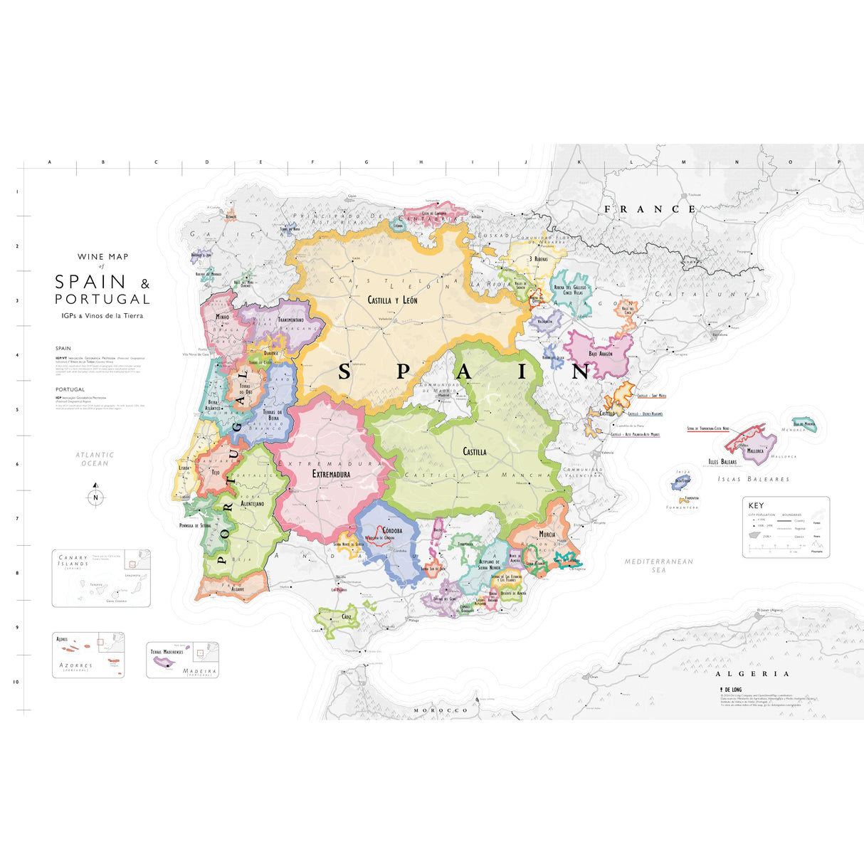 De Long’s Wine Map of Spain & Portugal IGPs highlights major and IGP wine regions in various colors with labeled names. Includes parts of France, Algeria, Morocco, and nearby seas. From De Long.