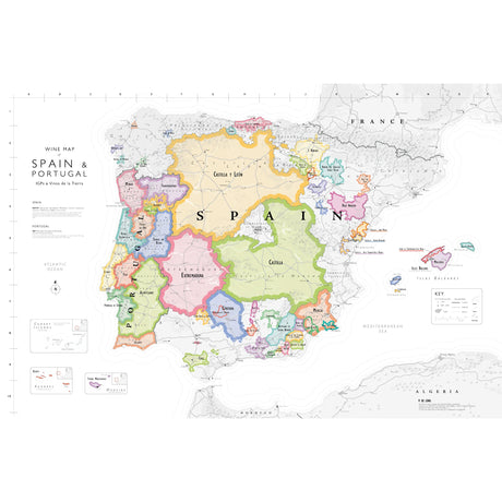 De Long’s Wine Map of Spain & Portugal IGPs highlights major and IGP wine regions in various colors with labeled names. Includes parts of France, Algeria, Morocco, and nearby seas. From De Long.