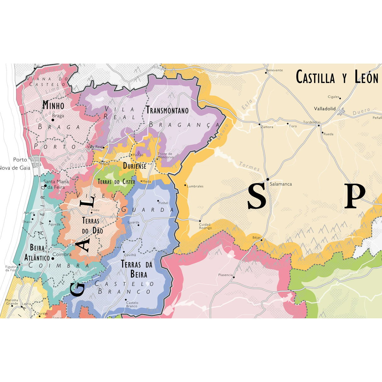 De Long’s Wine Map of Spain & Portugal IGPs highlights wine regions like Castilla y León, Galicia, Minho, and Duriénse. The color-coded map distinguishes Spanish and Portuguese regions. By De Long.