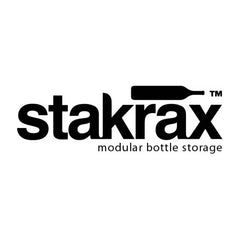 Black logo for stakrax with a bottle icon above the letters r and a. Below stakrax are the words modular bottle storage in smaller text.